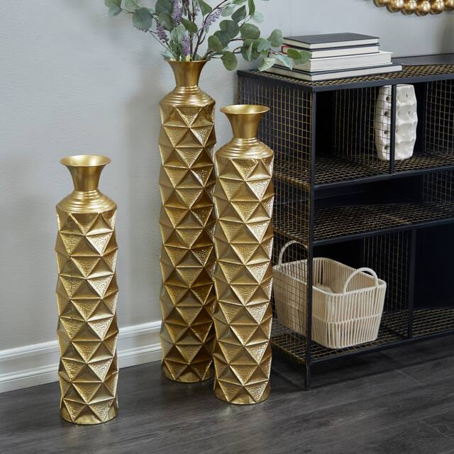 Set of 3 Contemporary Glam Gold Iron Vases - S/3 34", 29", 25"H - Triangle Hammered Brass