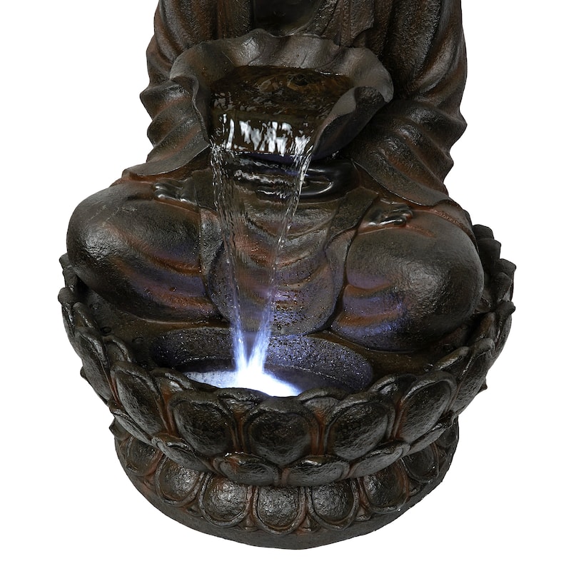 Alpine Corporation WIN1586 Outdoor Floor Peaceful Buddha Fountain with LED Lights, Buddha Garden Water Fountain, 44"H, Brown