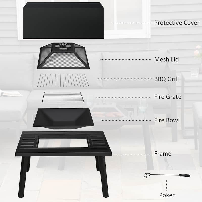 Outsunny 34" x 32" Outdoor Fire Pit, Portable Wood Burning Firepit Table, Barbecue Grill with Spark Screen, Poker