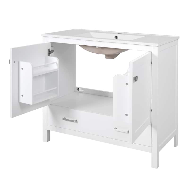 36"Bathroom Vanity with Ceramic Sink, Soft-Close Doors, Double Storage Shelves & Divided Drawer -Cabinet with Ample Storage