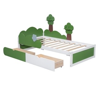 Twin Size Bed Frame With Headboard, Grass Hill Trees Decor, Storage Drawers, Wooden Slat Support, Platform Bed Frames