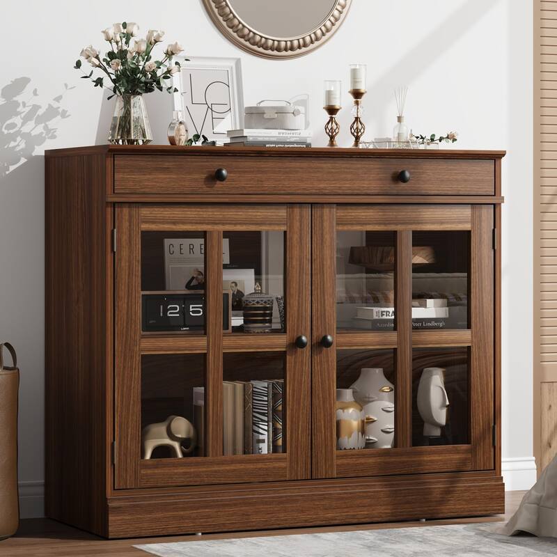 35.4" Sideboard Buffet Cabinets with Glass Door,Buffet Cabinet with Storage,White&Brown Sideboard Cabinet with Drawer - Walnut