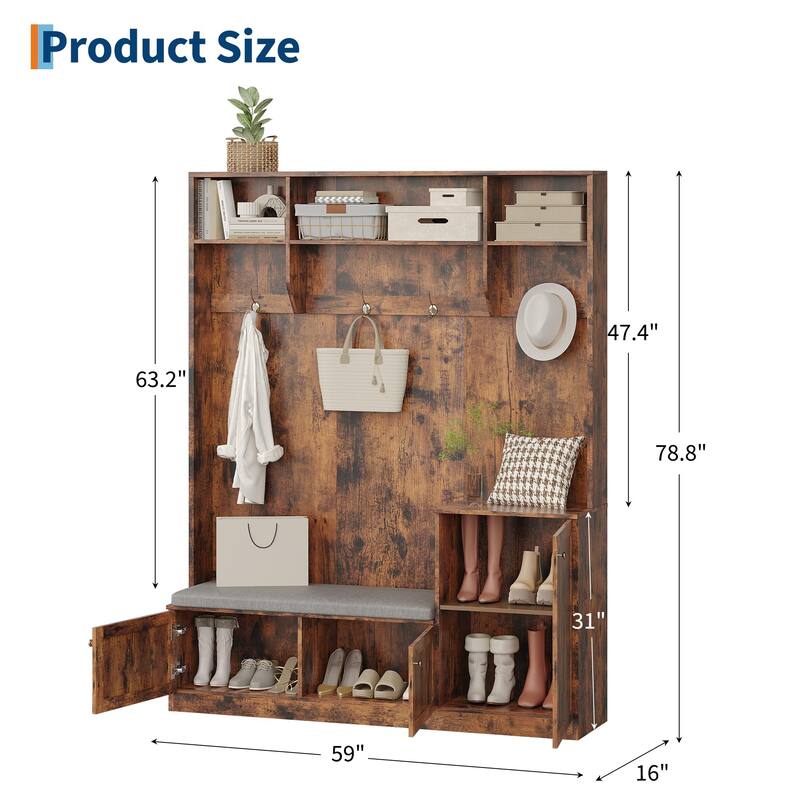 78.7 Inch Tall Hall Tree with Bench and Shoe Storage,Modern Entryway Bench with Coat Rack,4 Hanging Hooks
