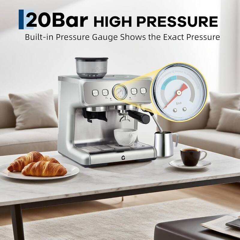 Espresso Coffee Machine with Grinder & 20 Bar Pressure, 2.8L Removable Water Tank, Silver