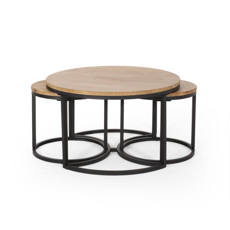 Roomfitters Modern Nesting Coffee Table Set, Rustic Wood Round Tops with Sturdy Metal Base, Space-Saving Design, Set of Three
