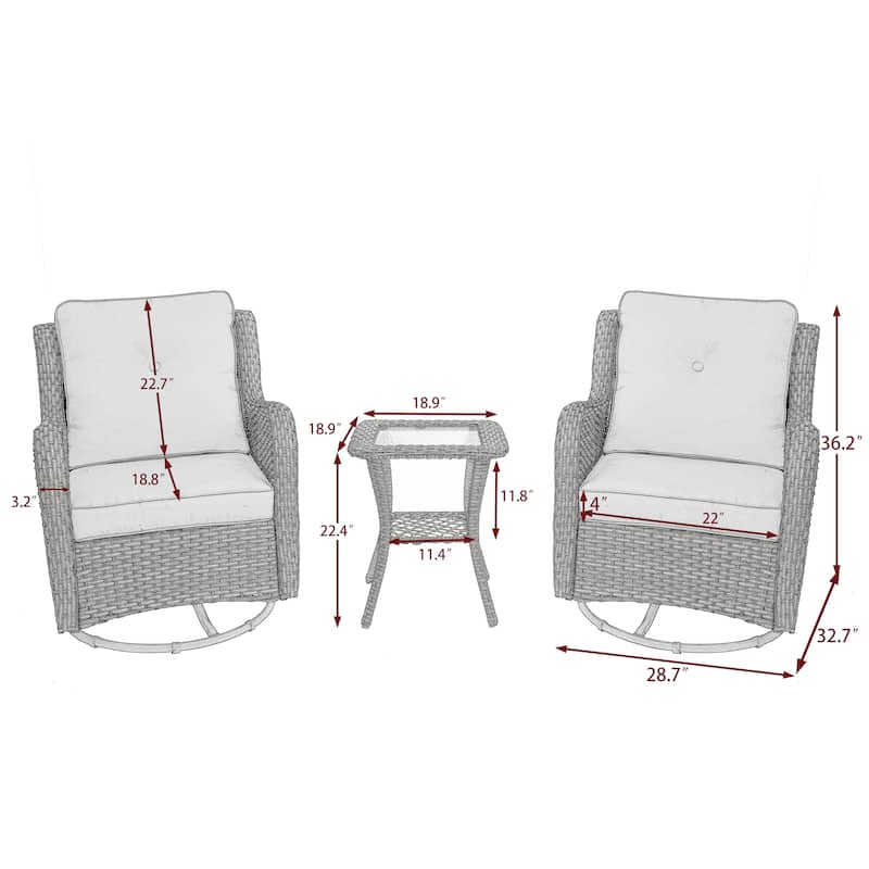 3-Piece Patio Rattan Swivel Cushioned Rocking Chair Set With Side Table