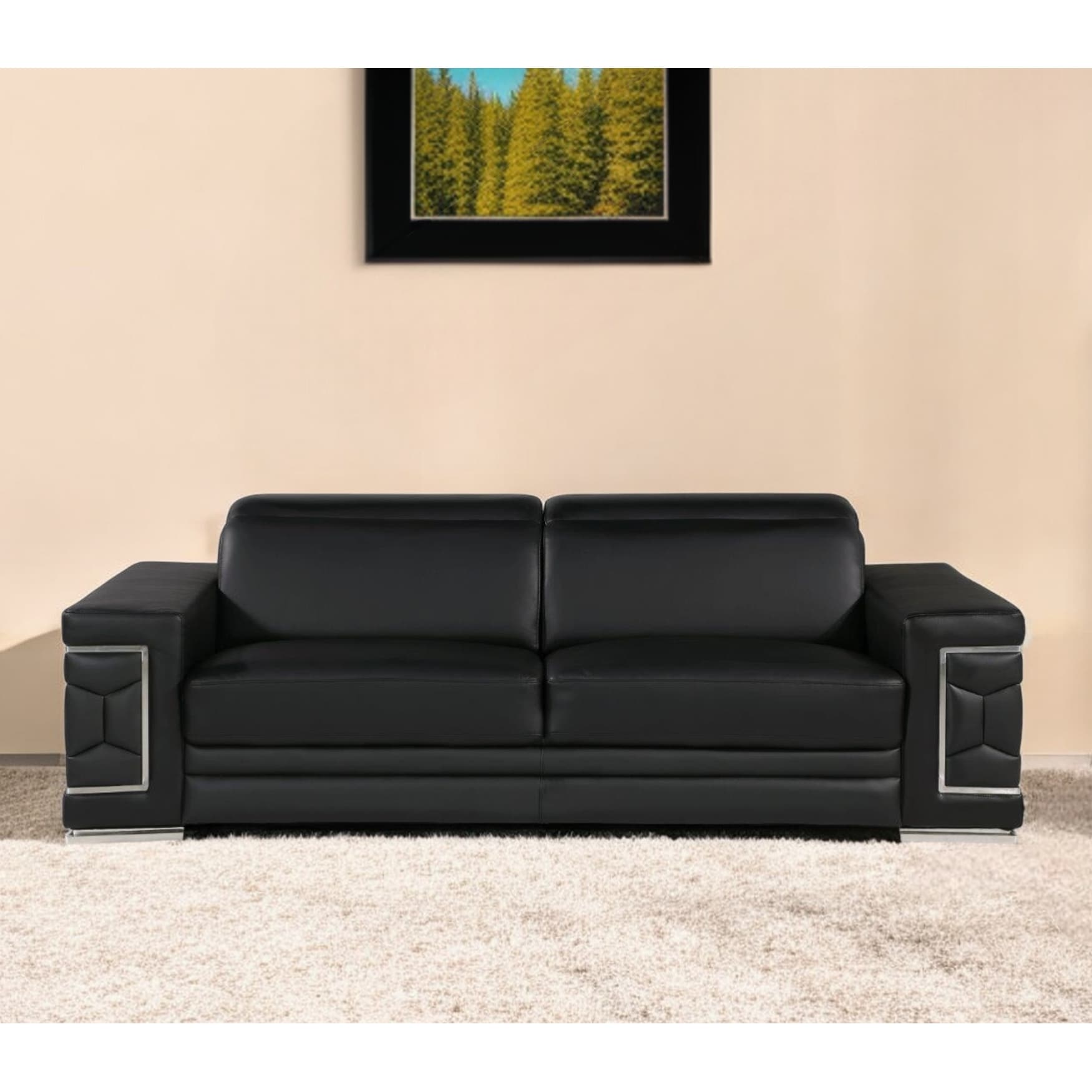 HomeRoots 89" Black Leather Sofa With Silver Legs