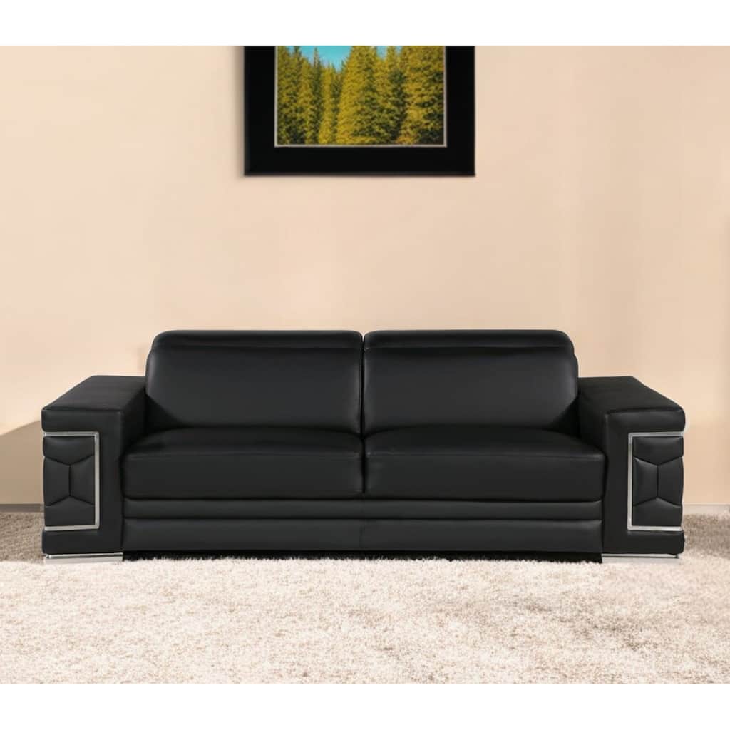 HomeRoots 89" Black Leather Sofa With Silver Legs