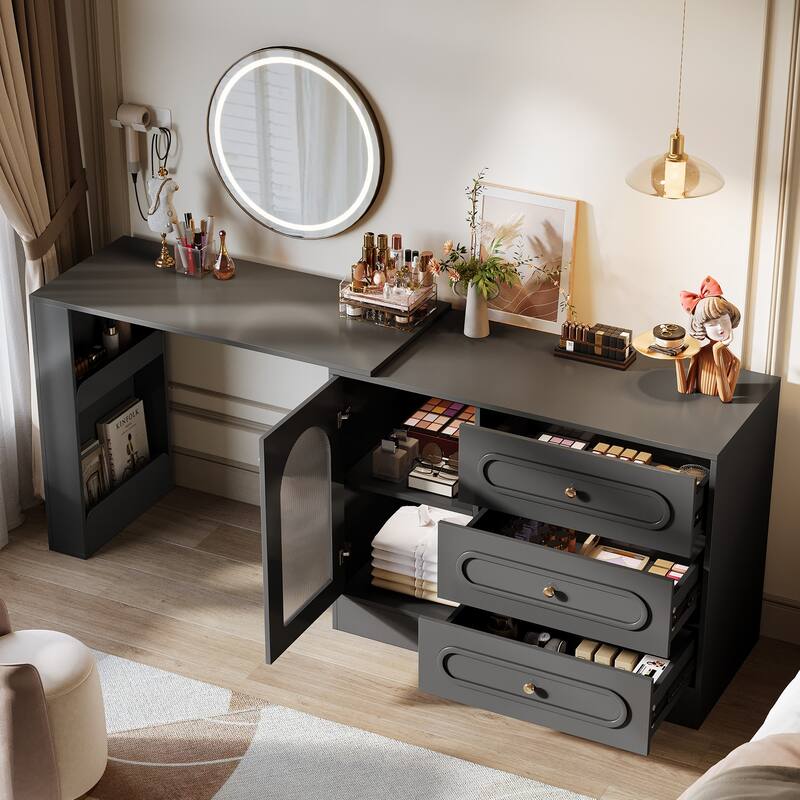 Modern 360° Rotatable Vanity Desk with 3 Drawers, White Corner Vanity