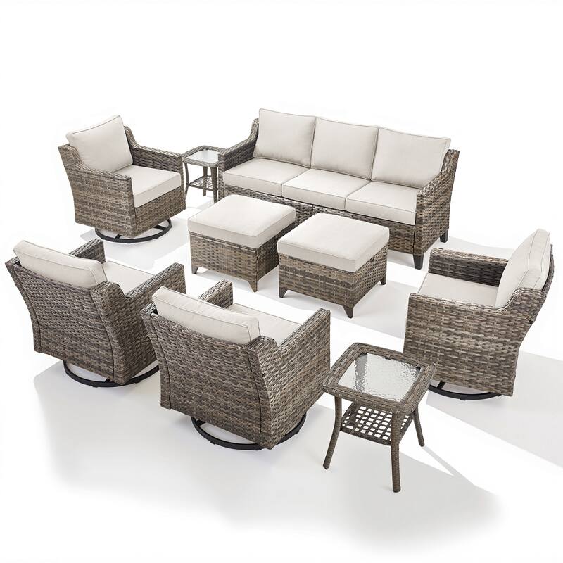 Pocassy Wicker Patio Sofa Glider Swivel Chair Ottoman Furniture Set.