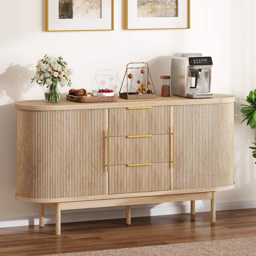 Moasis 55" Mid-Century Modern Fluted Sideboard Coffee Bar Storage Cabinet w/3 Drawers and Sliding Doors