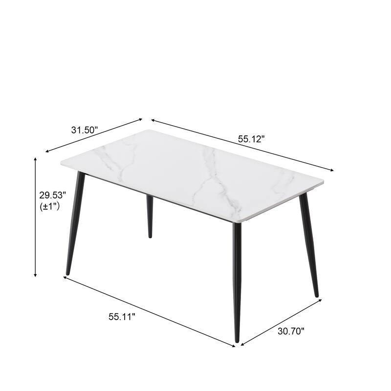 55" Modern Dining Table, White Sintered Stone Tabletop Dining Table with Black Iron Legs