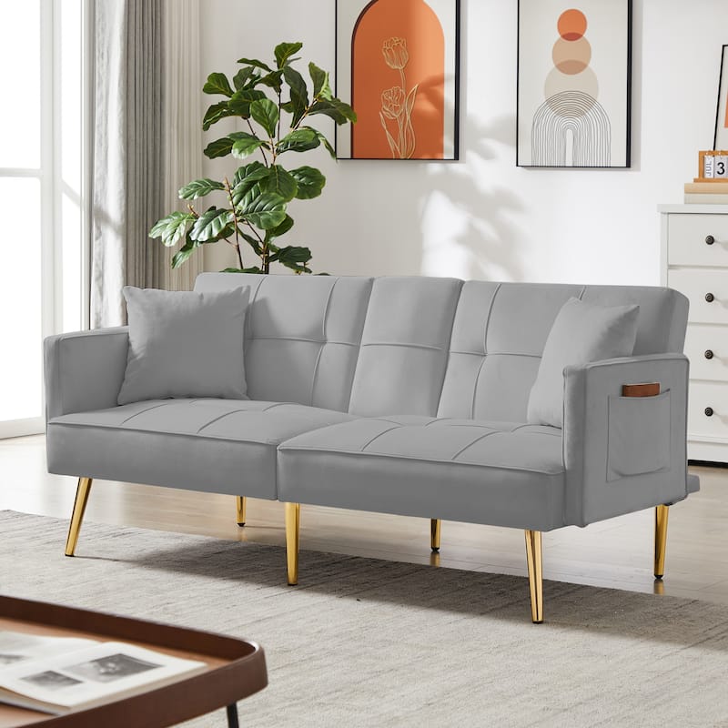 Modern Velvet Futon Sofa Bed with Gold Metal Legs for Living Room, Office, Spacious Space