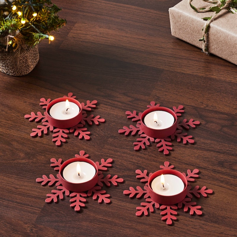 Tealight Holder Snowflake Barn Red Set of 4 0.6x4.13x4.13 - N/A