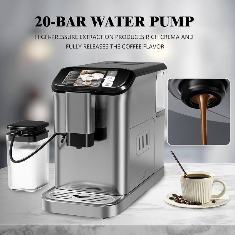 Automatic Espresso & Coffee Machine with with Grinder & Milk Frother, Silver + Black