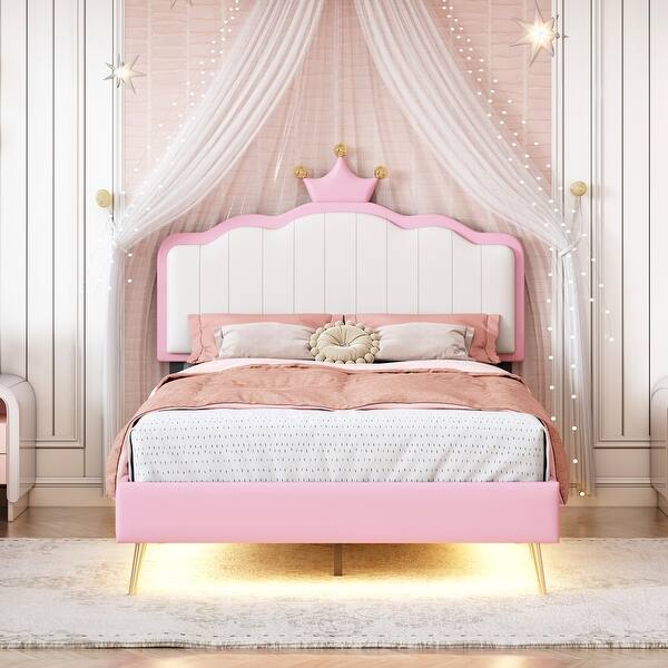 slide 2 of 10, Twin Platform Bed with LED Crown Headboard, Upholstered for a Princess Look Pink - Twin