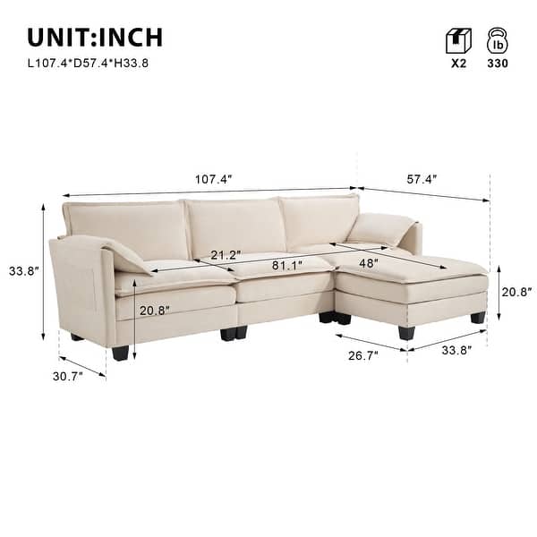 dimension image slide 1 of 2, L-Shaped Corduroy Corner Sofa with Storage Armrest Cushions, Modular Cloud Sofa, 3-Seat Sectional