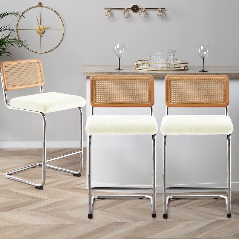Velvet Upholstered Rattan Counter/Bar Stools, Set of 2/3