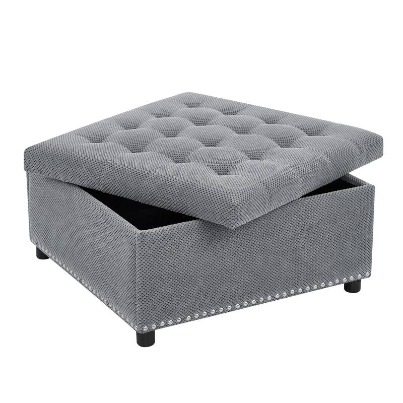 Storage Ottoman,Tufted Footstool, Nailhead Trim Ottoman, Square Storage Ottoman, Upholstered Coffee Table, Bedroom Storage