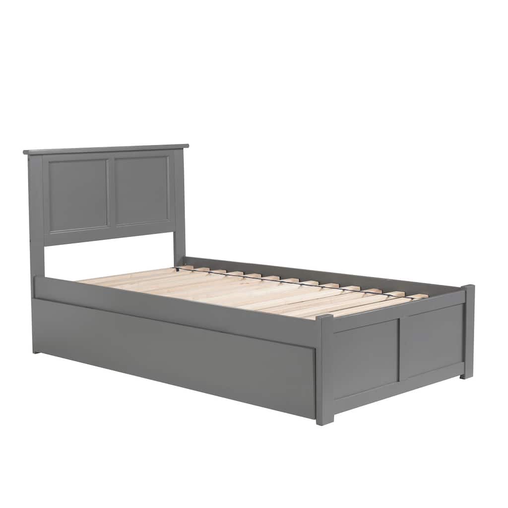 Platform Bed with Trundle - Twin Size, Grey Finish, Traditional Style - Extra Sleeping Space