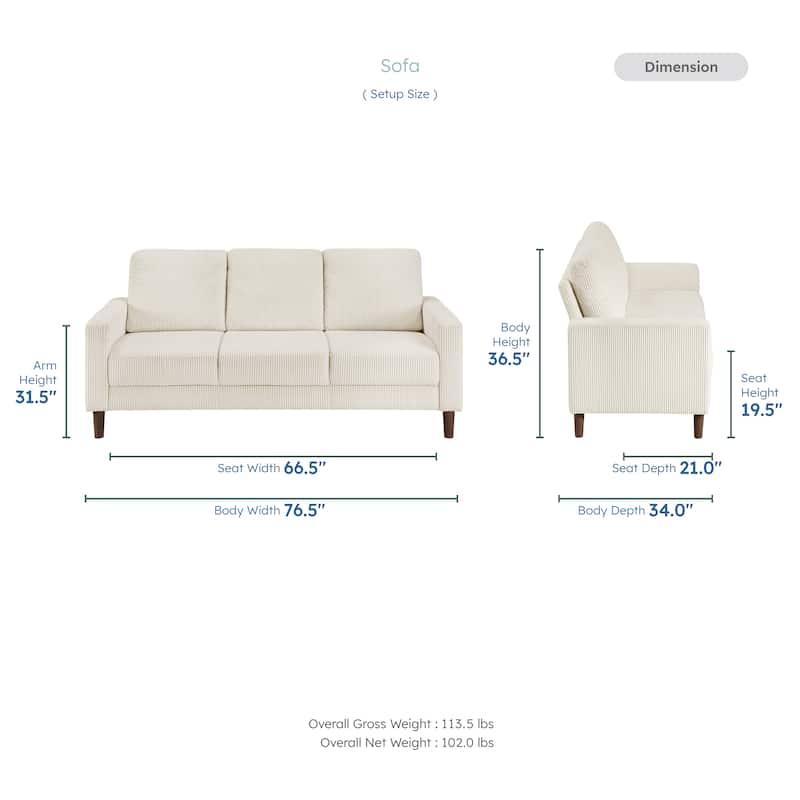 Caspian 76.5" Corduroy Living Room Sofa - Wood Finish Exposed Feet