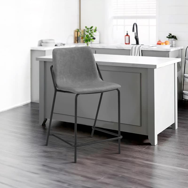 25 Inch Set of 2 Modern Counter Stool, Black Frame, Gray Faux Leather