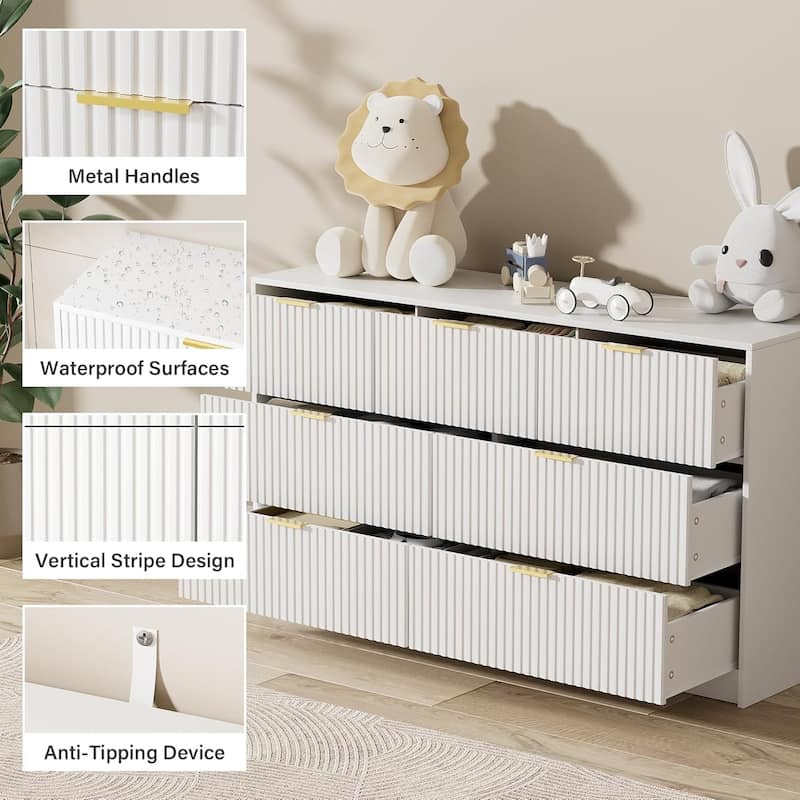 7 Drawer Dresser Fluted Wood Clothes Storage Cabinet, Modern Wide Dresser for Bedroom