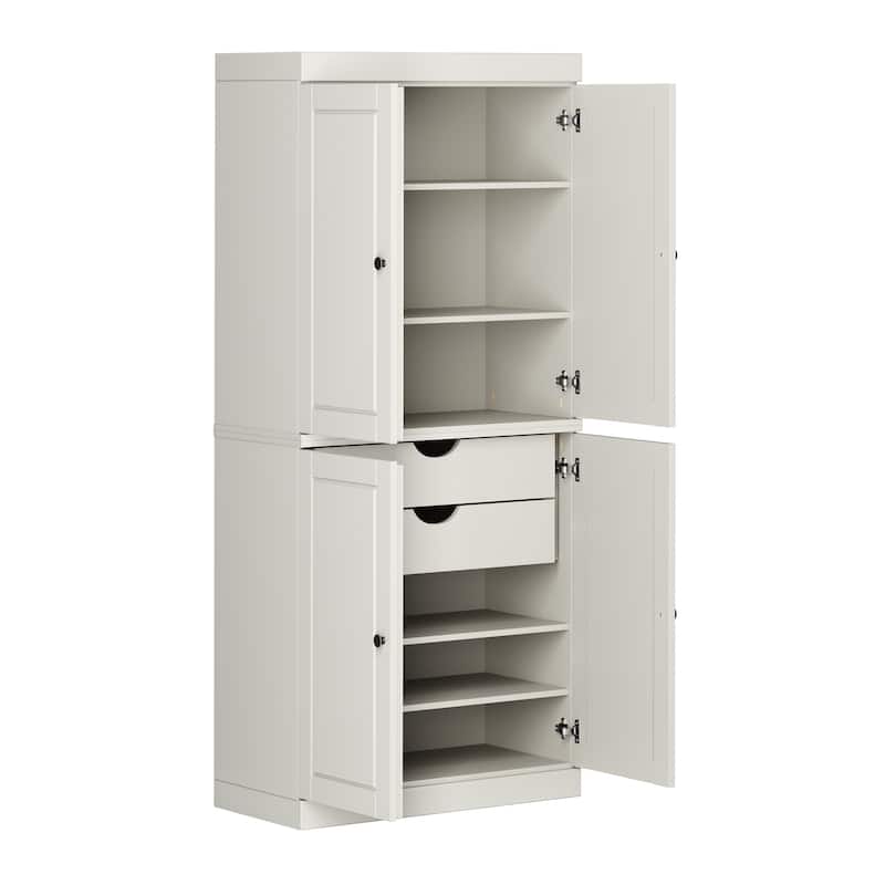 Solid Wood Tall Freestanding Kitchen Pantry Cabinet with Doors & 2 Drawers, Adjustable Shelves, Modular Storage, 32" W x 71.5" H