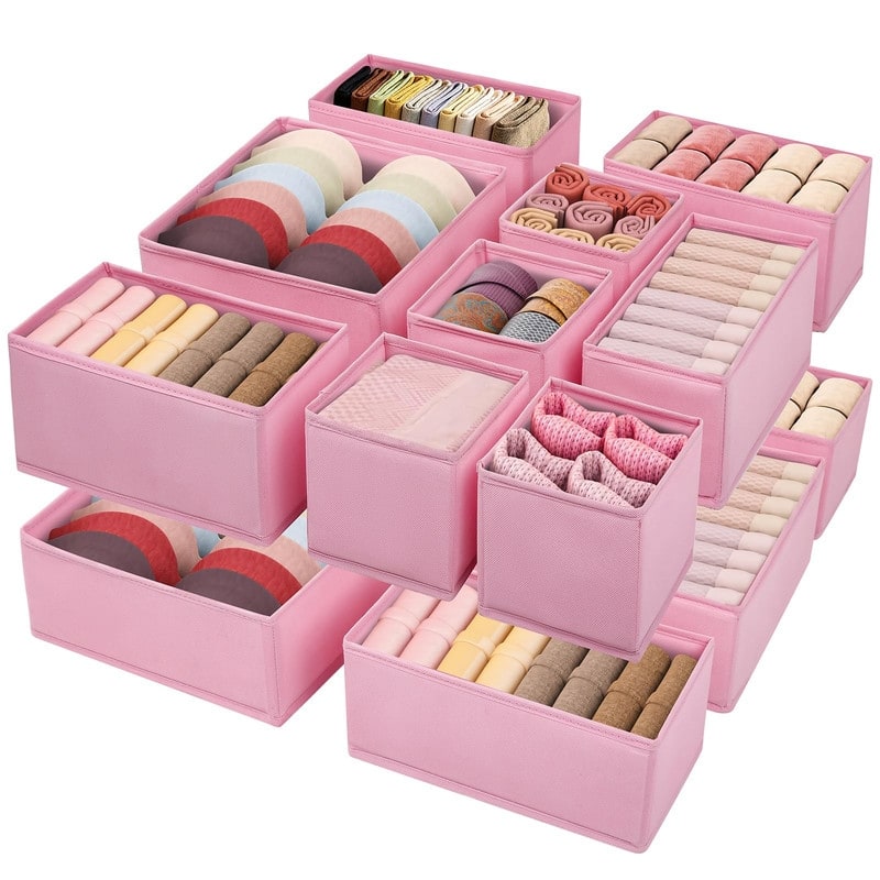 16-Pack Fabric Drawer Organizers - 3 Sizes for Clothes & Underwear - Pink