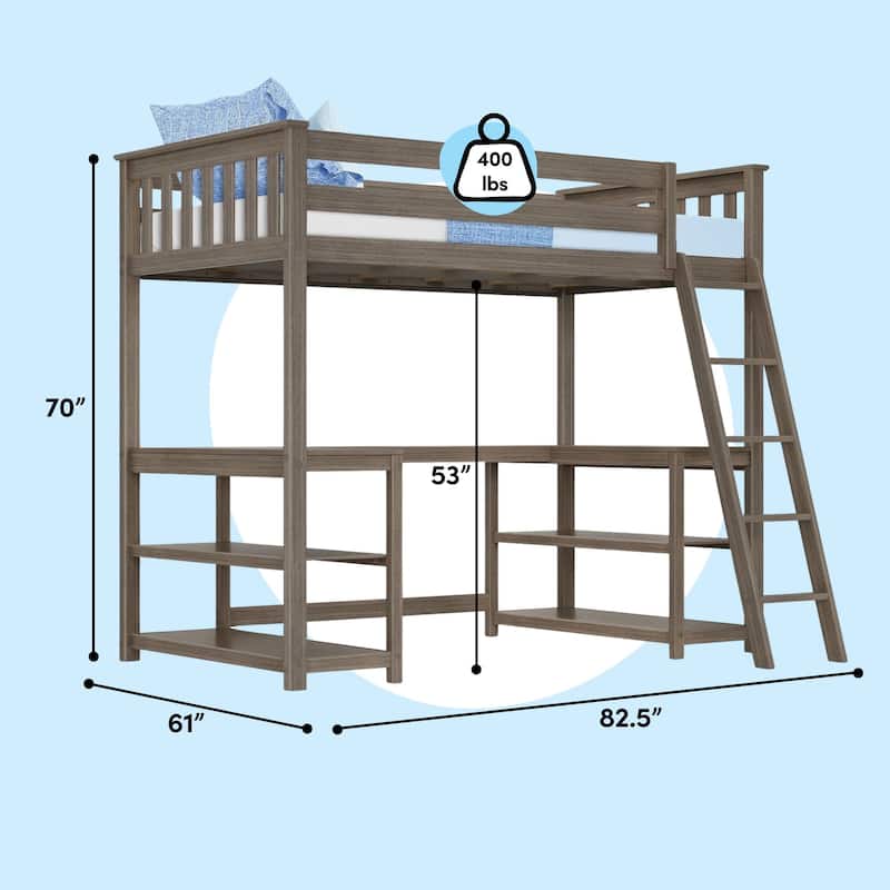 Max and Lily Twin Size High Loft Bed with Wraparound Desk and Shelves