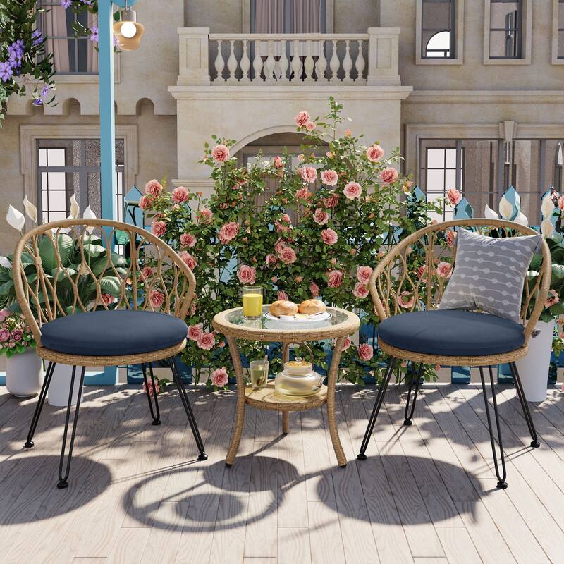 Outdoor Leisure Set,2 Rattan Single Chairs With A Glass Round Table,Perfectly Suited For Patios,Balconies,And Courtyards - Dark Blue