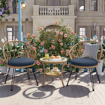 Outdoor Leisure Set,2 Rattan Single Chairs With A Glass Round Table,Perfectly Suited For Patios,Balconies,And Courtyards