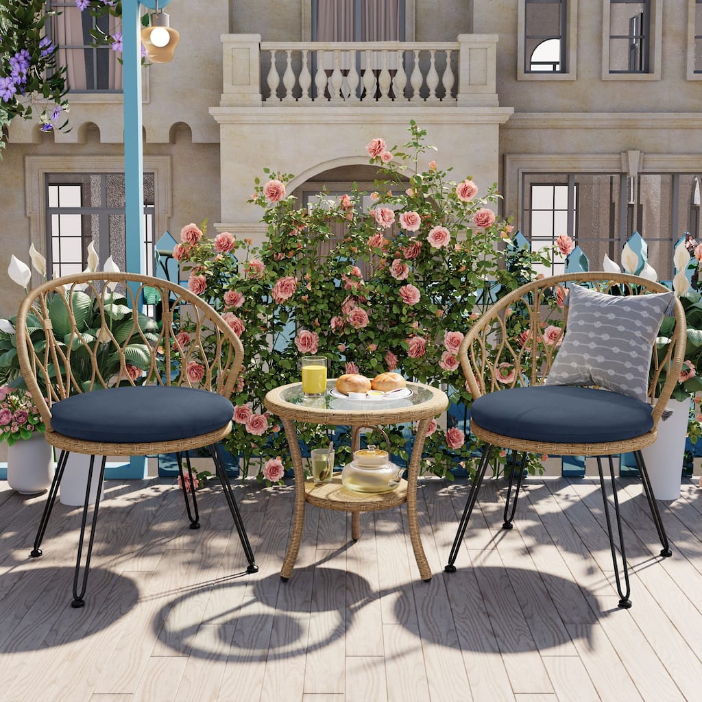 Outdoor Leisure Set,2 Rattan Single Chairs With A Glass Round Table,Perfectly Suited For Patios,Balconies,And Courtyards