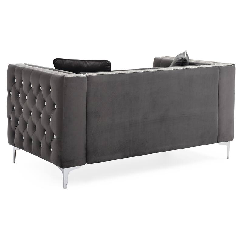 Button Tufted 3-Seater Velvet Sofa with Throw Pillows - 86" - Gray