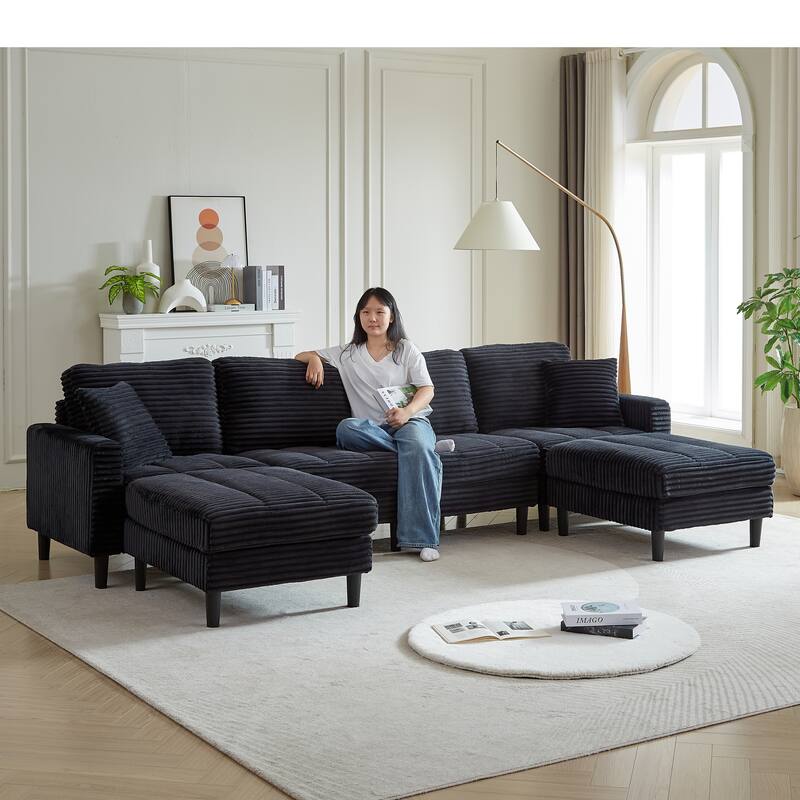 122.5" Corduroy U-Shaped Sectional Sofa with Ottomans & Pillows
