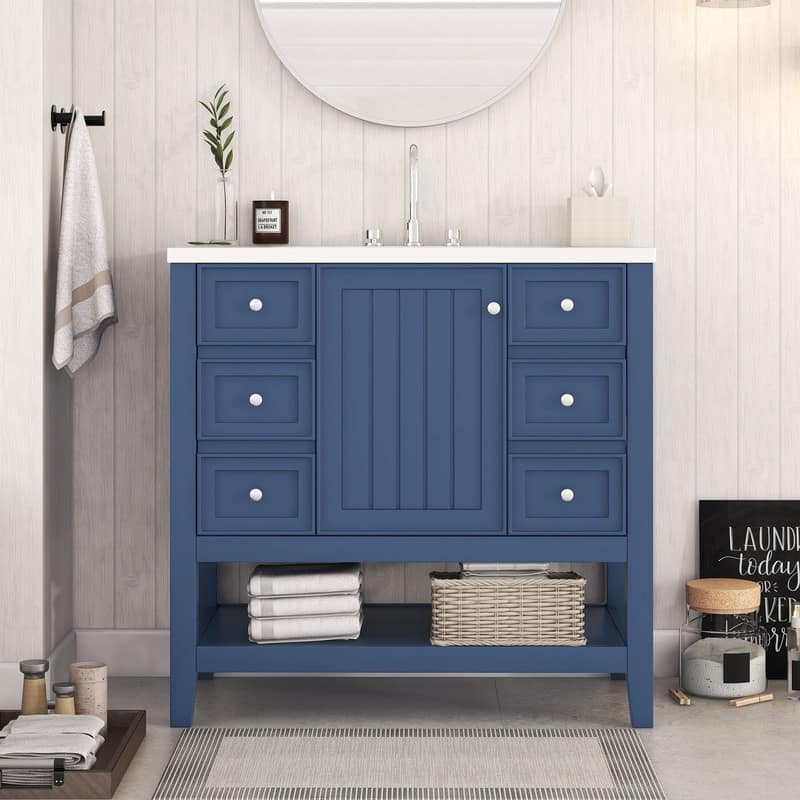 36" Bathroom Vanity with Ceramic Sink, One Cabinet and Three Drawers