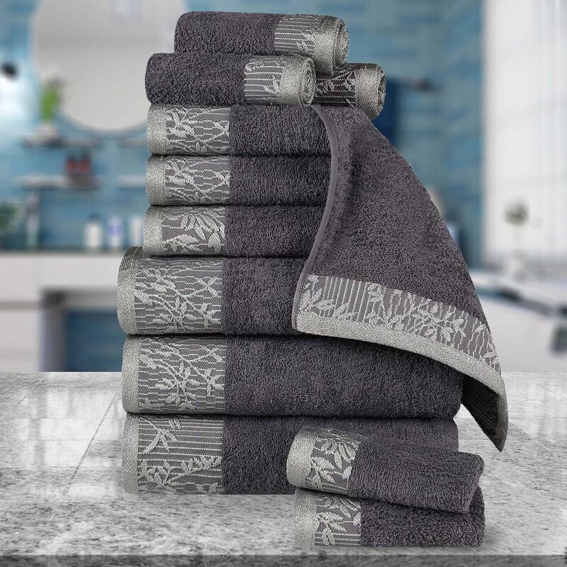 Superior Wisteria Cotton Floral Jacquard 12 Piece Bathroom Towel Set - Grey