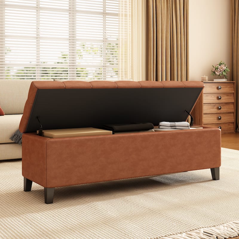 Button-Tufted PU Storage Ottoman - Cognac Brown Upholstered Accent Piece