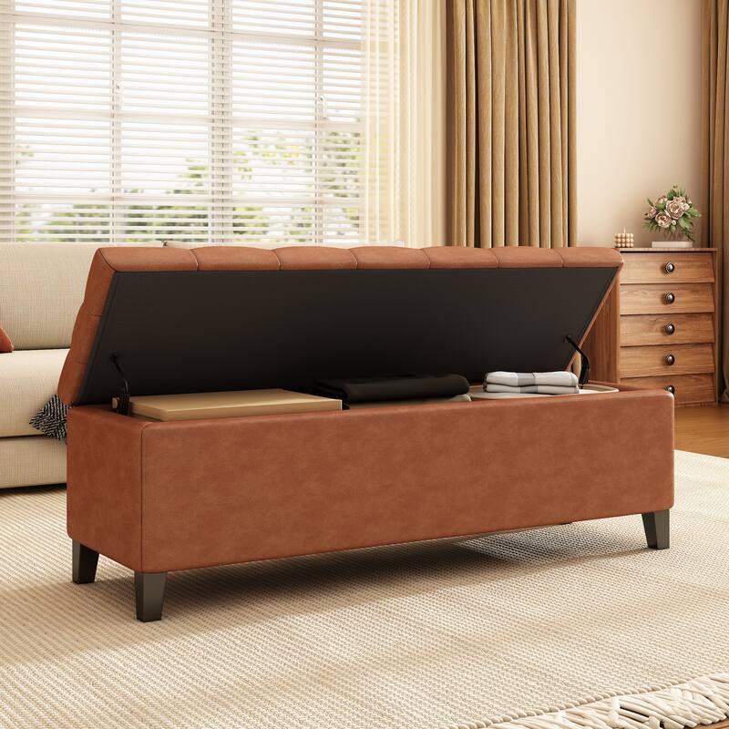Upholstered Button Tufted Storage Ottoman, PU, Cognac Brown