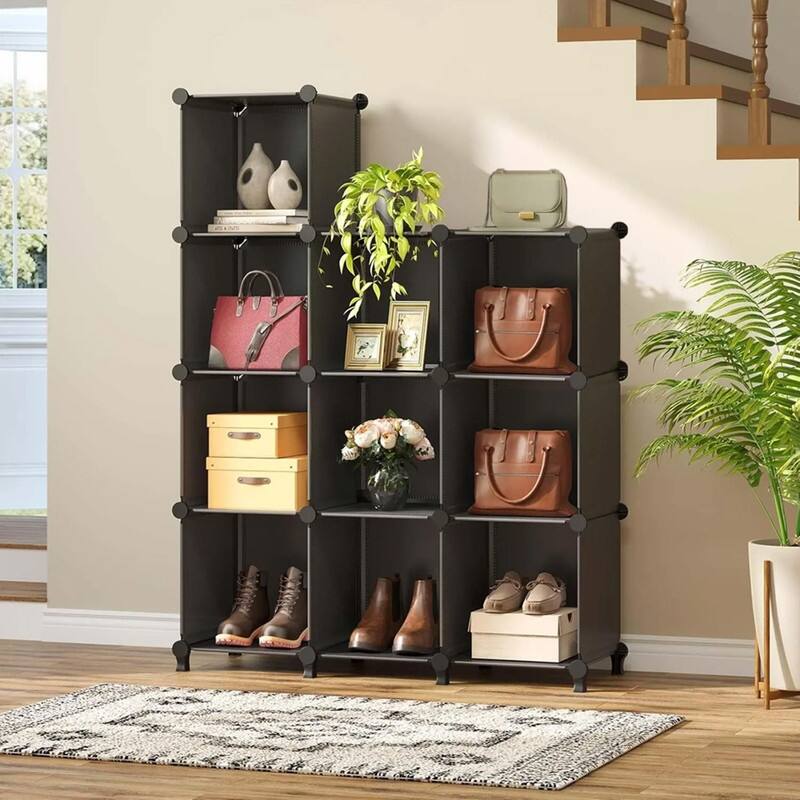 10 Cube Stackable Shoe Rack Organizer DIY Plastic Shoe Storage Cabinet Black - N/A