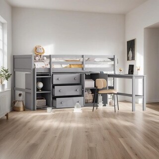 Multi-Functional Twin Size Low Loft Bed With Pull-Out Desk, Drawers, Cabinet, and Shelves, Superior Quality, Space-saving, Grey