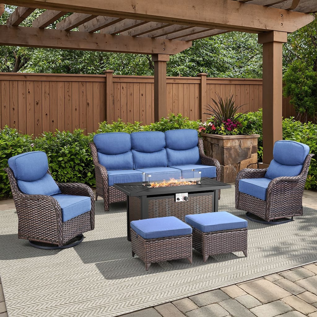 Arcadia 6-Piece PE Wicker Patio Seating Set with Durable All-Iron Fire Pit and 6-Inch Cushions