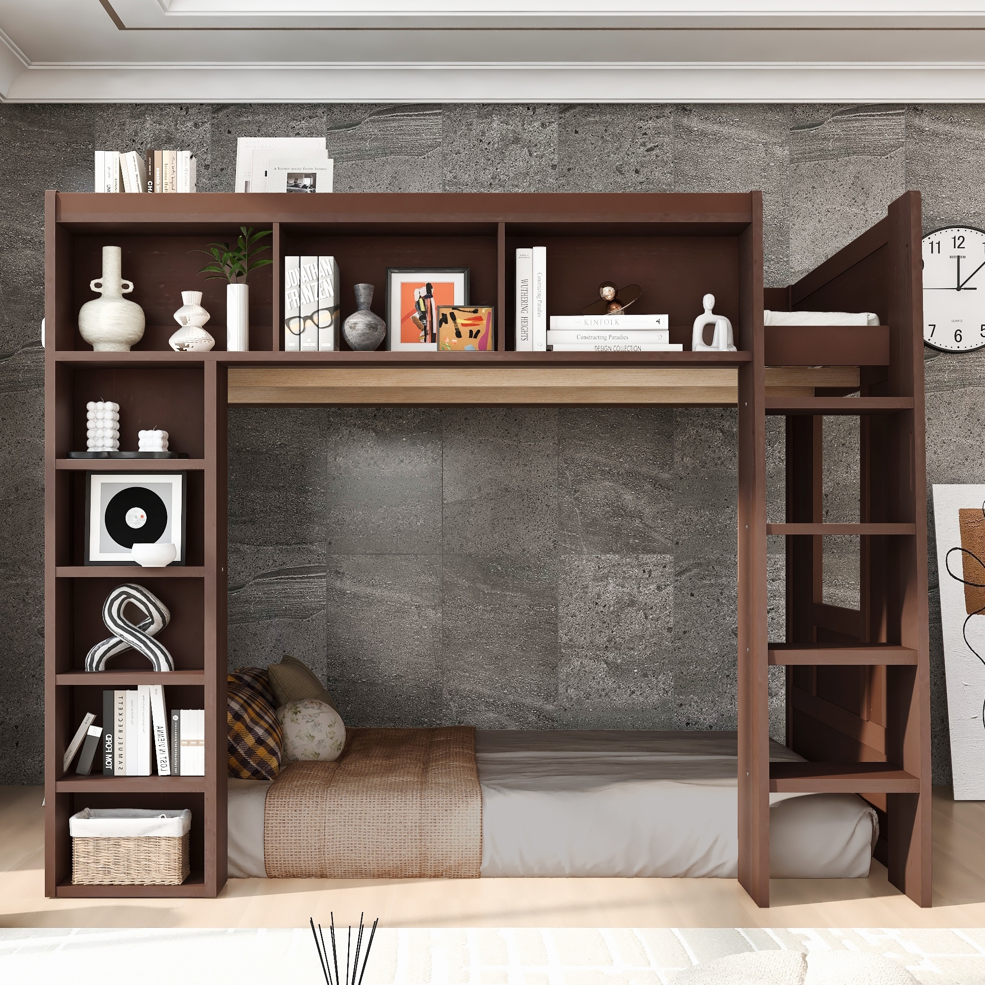 Queen Size Wooden Bed Frame Loft Bed w/ Storage Shelves