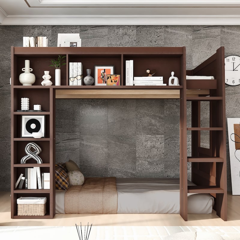 Queen Size Wooden Loft Bed with Storage Cabinets and Shelves, Multifunctional Country Style Design