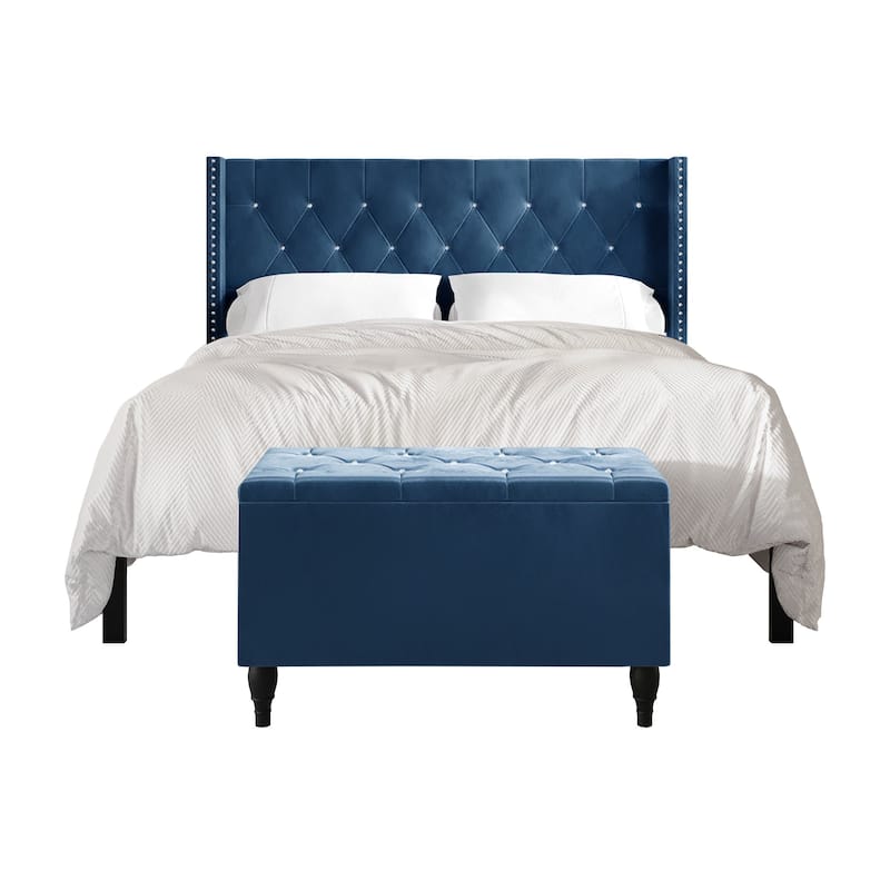 CraftPorch 2 Piece Bedroom Bench Set Velvet Wingback Upholstered Bed - Navy Blue - King