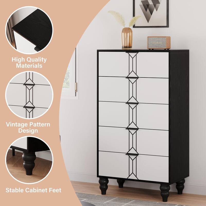 Modern Wooden 5/6 Drawer Dresser with Vintage Pattern Design