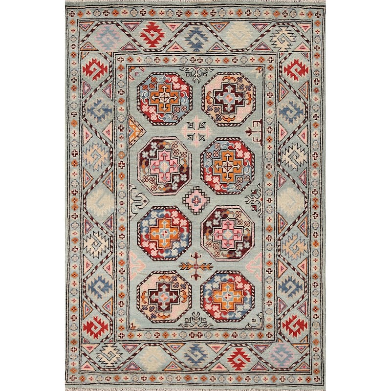 Geometric Kazak Rug Hand-Knotted Blue Wool Carpet - 3'3"x 4'11"