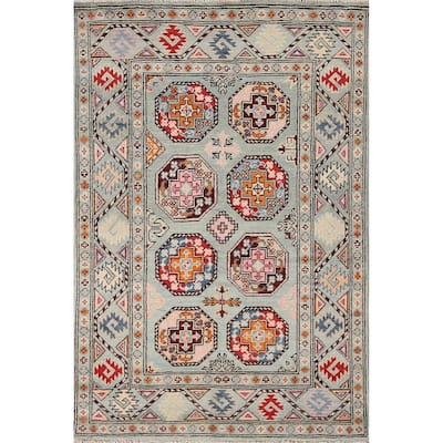 Geometric Kazak Rug Hand-Knotted Blue Wool Carpet - 3'3"x 4'11"