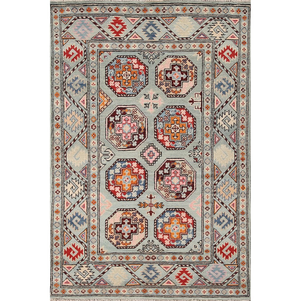 Geometric Kazak Rug Hand-Knotted Blue Wool Carpet - 3'3"x 4'11"