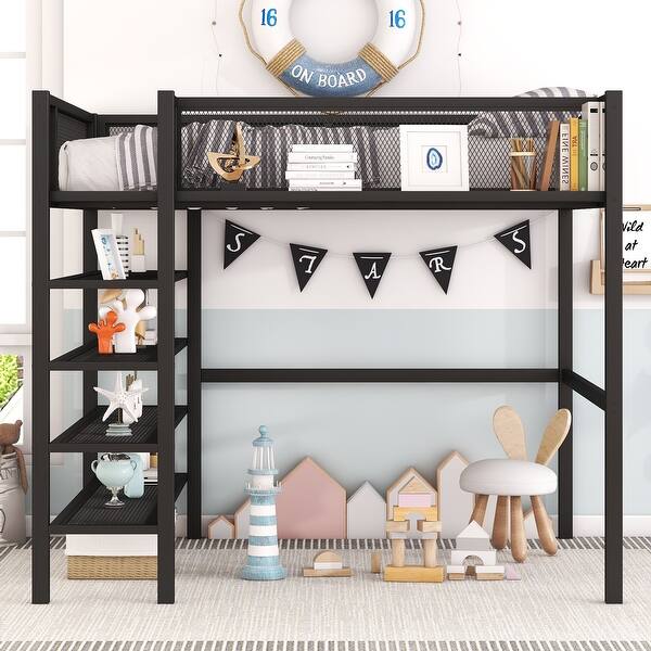 slide 2 of 16, Elegant Metal Full Size Loft Bed 4-Tier Shelves and Storage Black